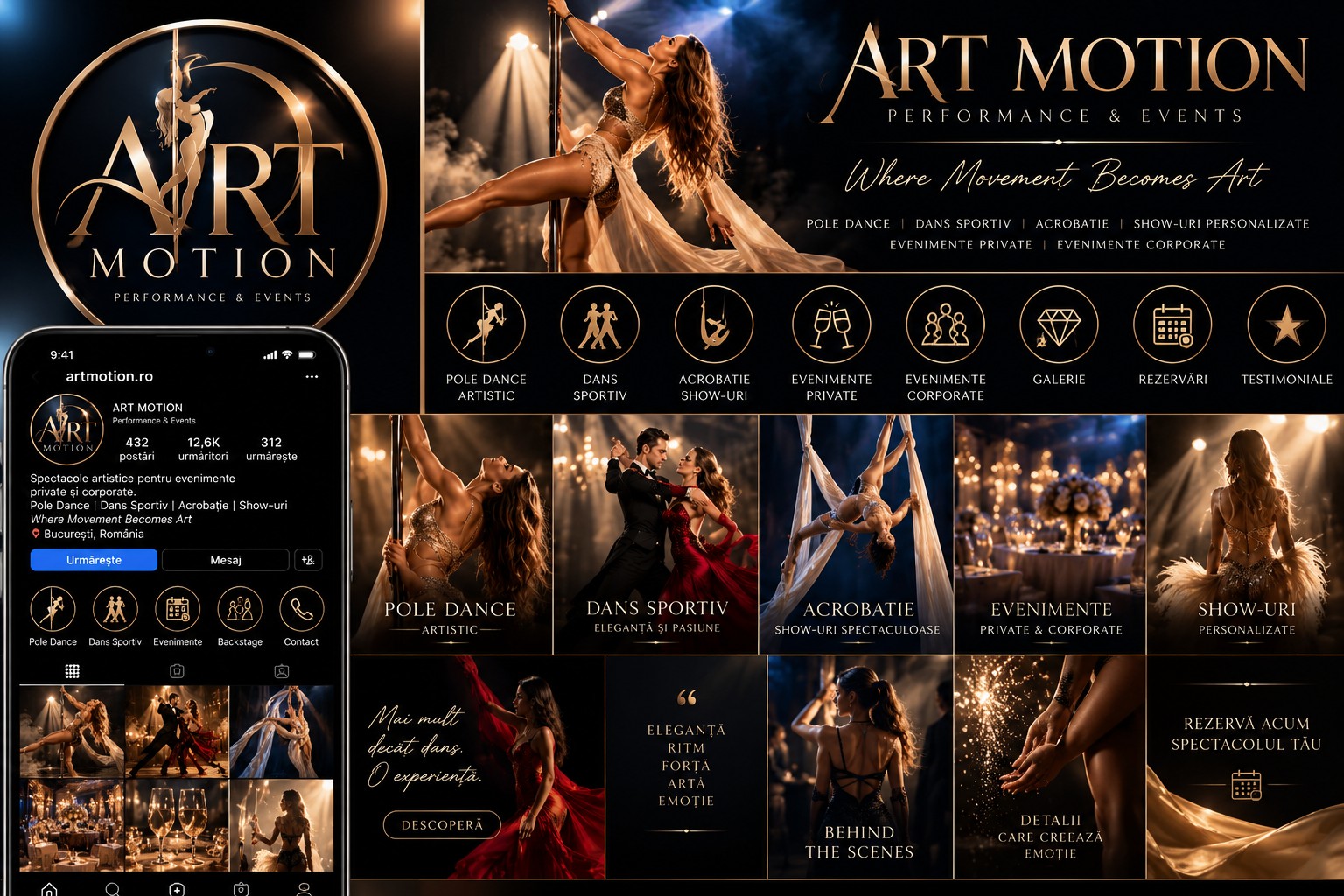 Concept vizual HOT ART MOTION: pole dance, dans, acrobație și evenimente premium